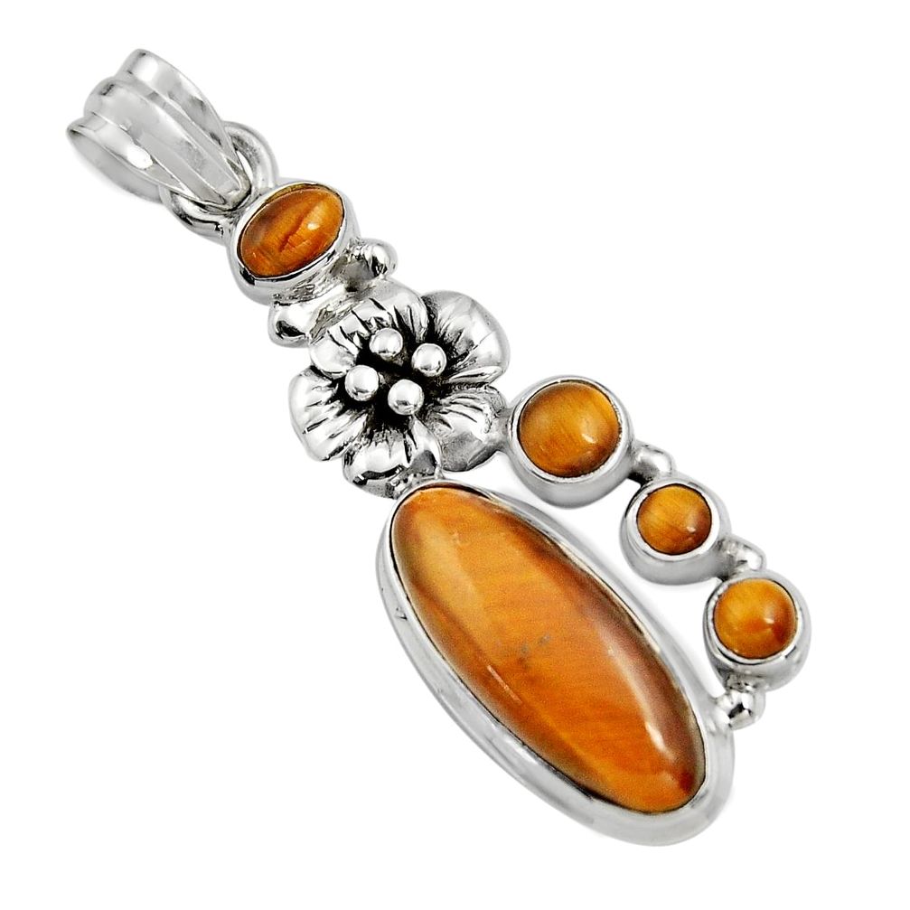 11.23cts natural brown tiger's eye 925 sterling silver flower pendant r15162