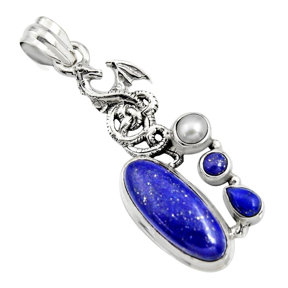 11.22cts natural blue lapis lazuli white pearl 925 silver dragon pendant r15167
