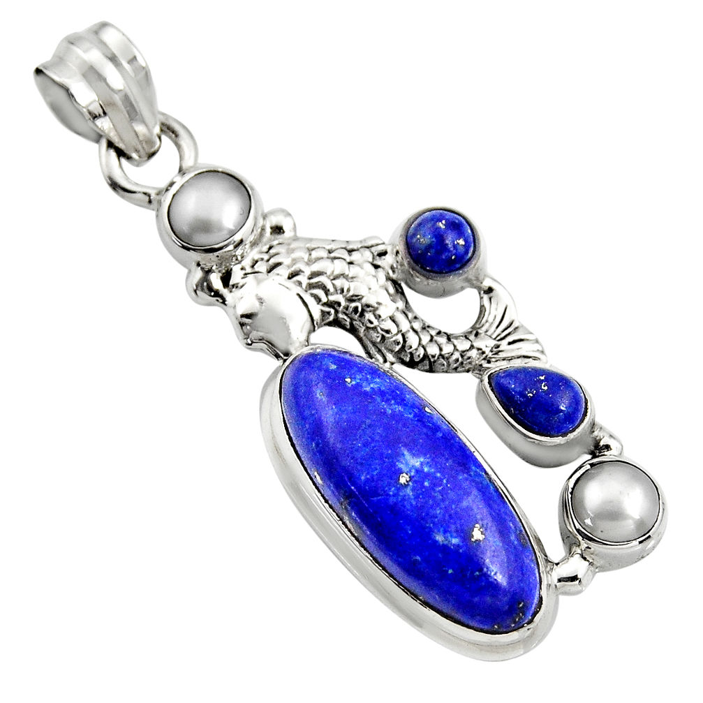 11.22cts natural blue lapis lazuli pearl 925 sterling silver fish pendant r15169