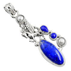 11.22cts natural blue lapis lazuli pearl 925 silver unicorn pendant r15173