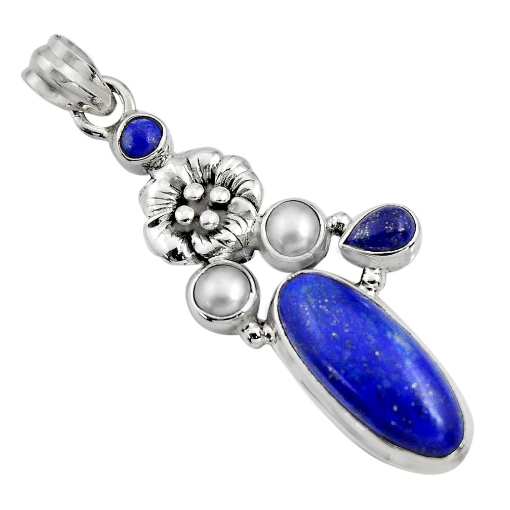 925 silver 10.33cts natural blue lapis lazuli white pearl flower pendant r15174