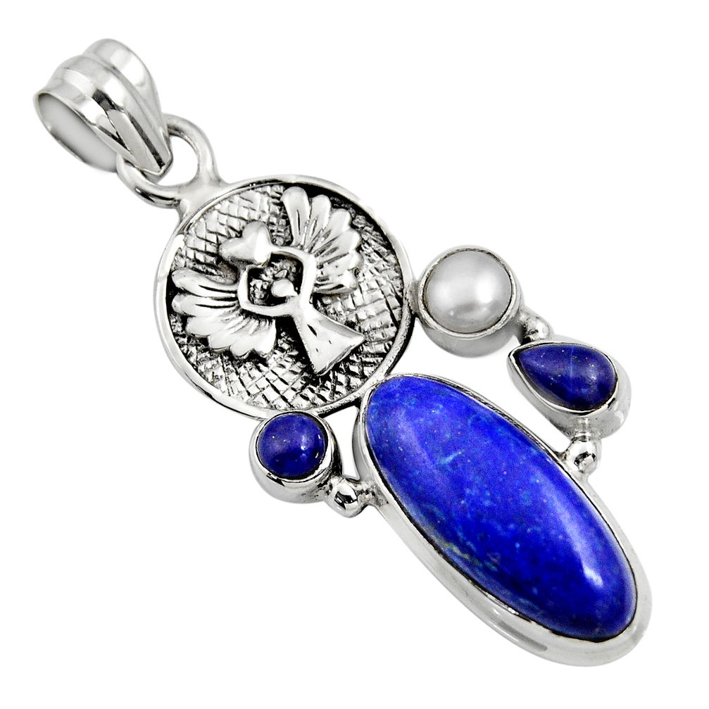 11.48cts natural blue lapis lazuli pearl 925 silver eagle charm pendant r15175