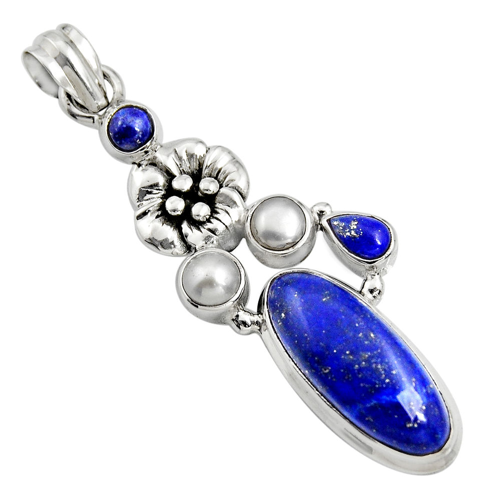 10.89cts natural blue lapis lazuli pearl 925 silver flower pendant r15176