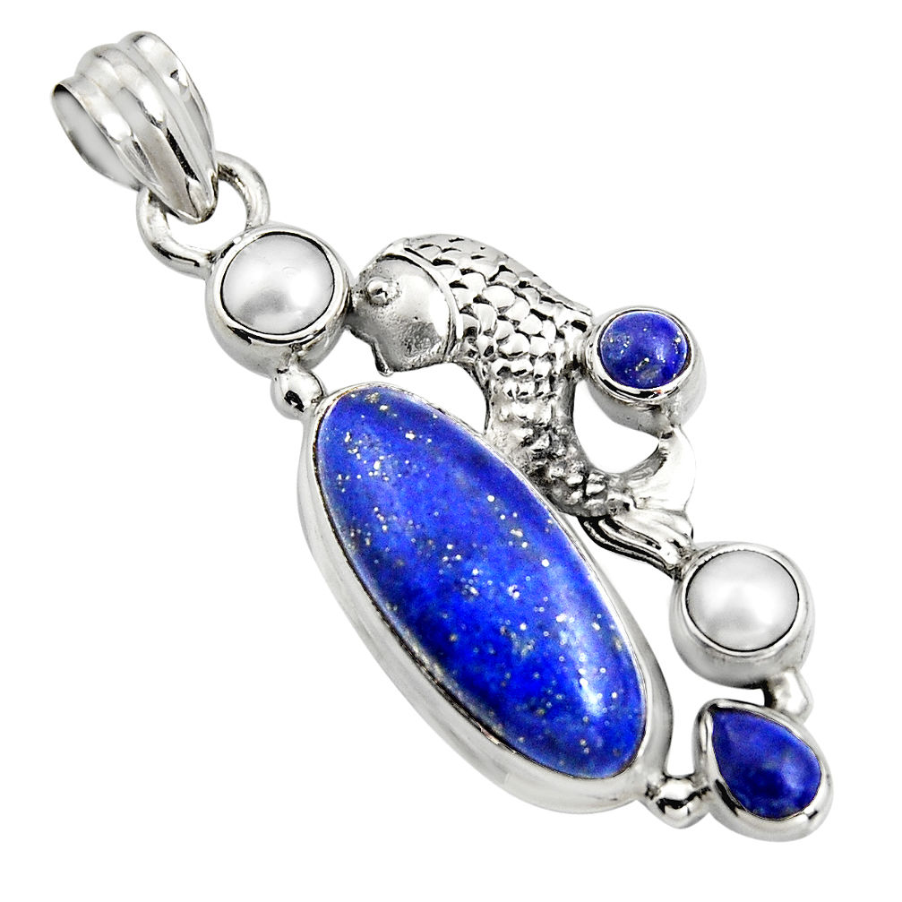 925 sterling silver 10.89cts natural blue lapis lazuli pearl fish pendant r15177