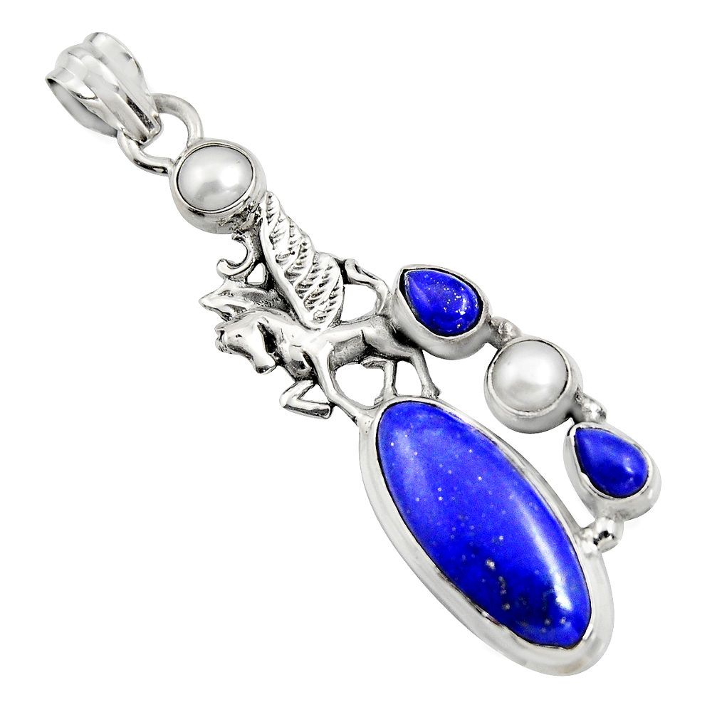 10.54cts natural blue lapis lazuli pearl 925 silver unicorn pendant r15178