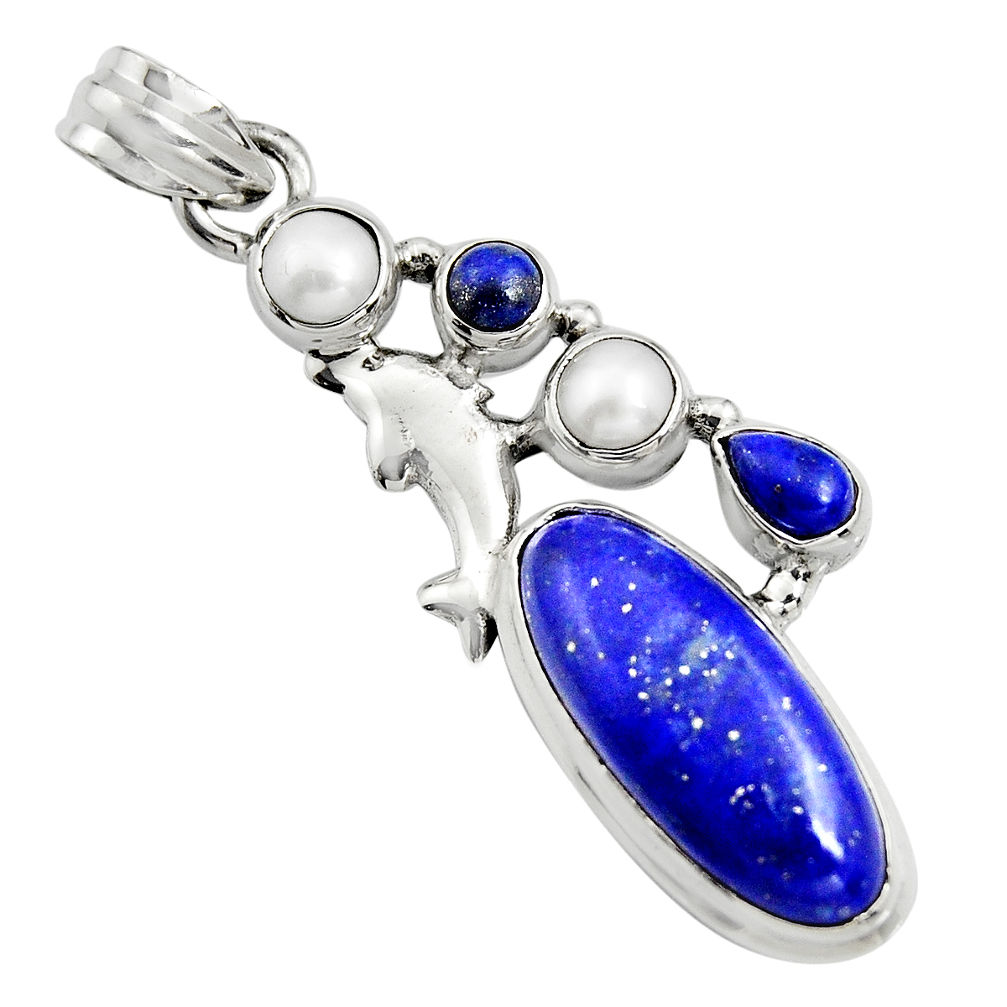 10.33cts natural blue lapis lazuli pearl 925 sterling silver fish pendant r15179