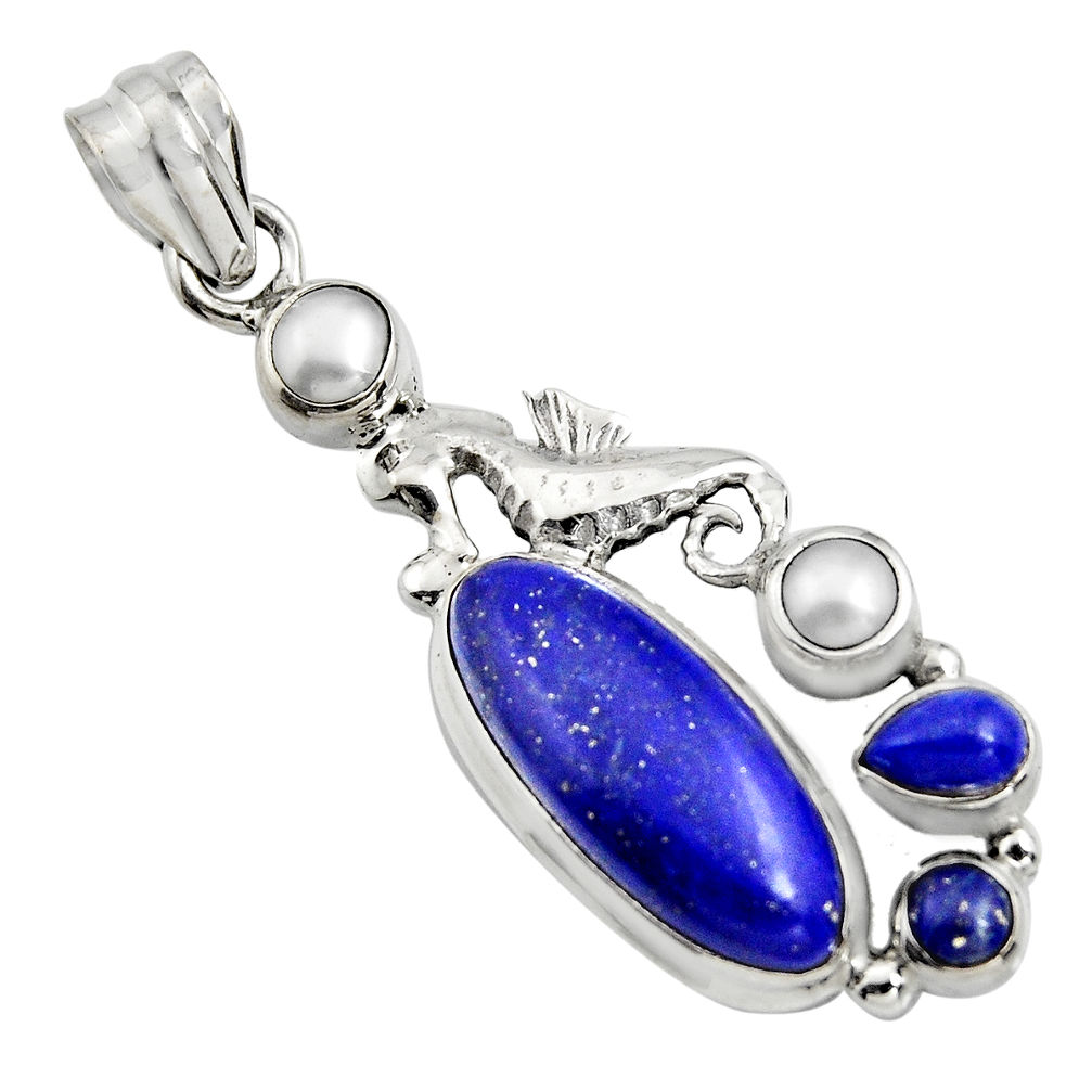 925 silver 10.33cts natural blue lapis lazuli pearl seahorse pendant r15180