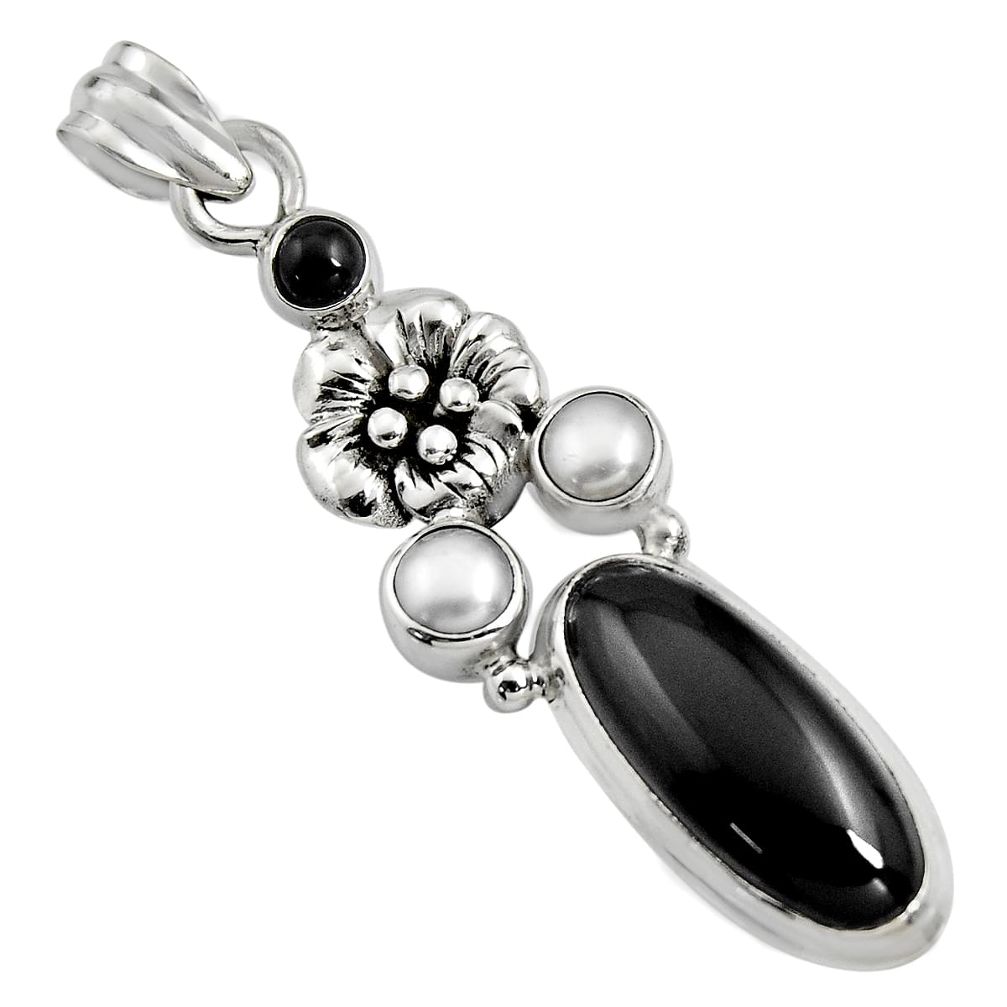 9.39cts natural black onyx pearl 925 sterling silver flower pendant r15182