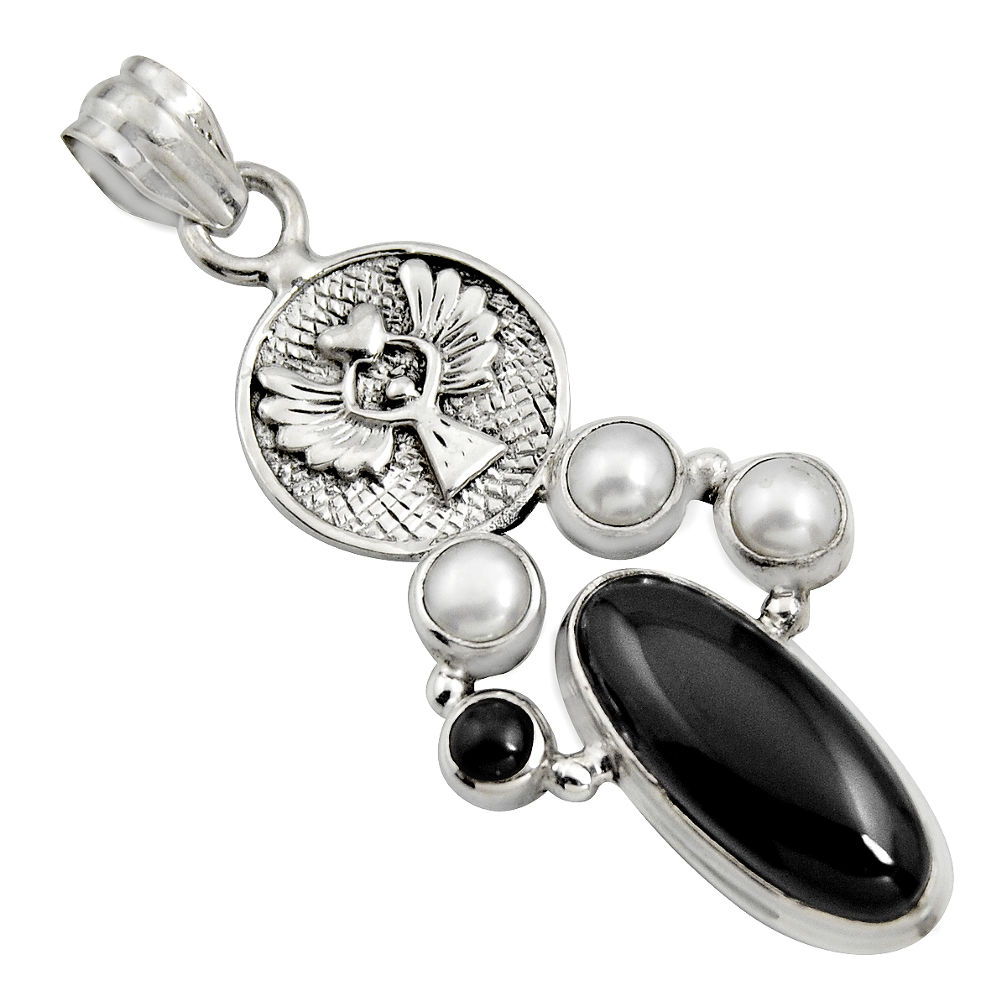 11.83cts natural black onyx pearl 925 silver eagle charm pendant r15183