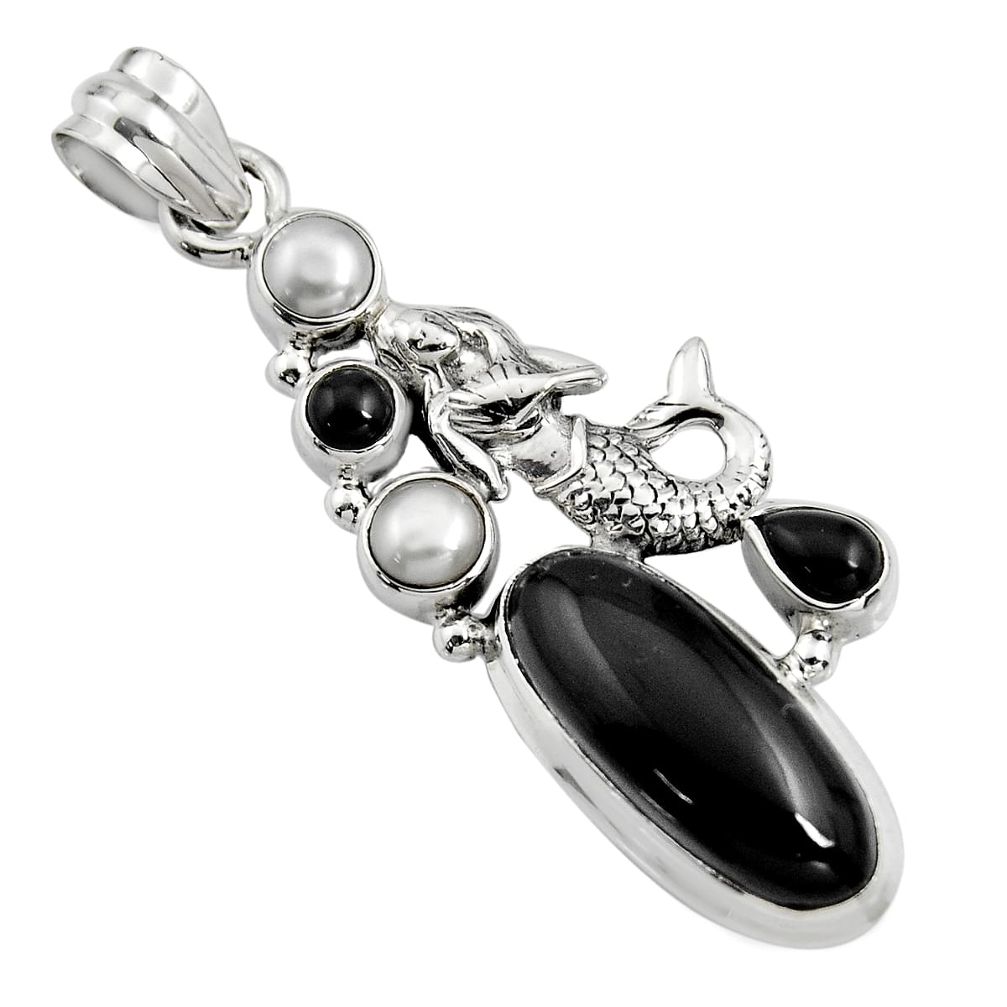 11.56cts natural black onyx pearl 925 silver fairy mermaid pendant r15185