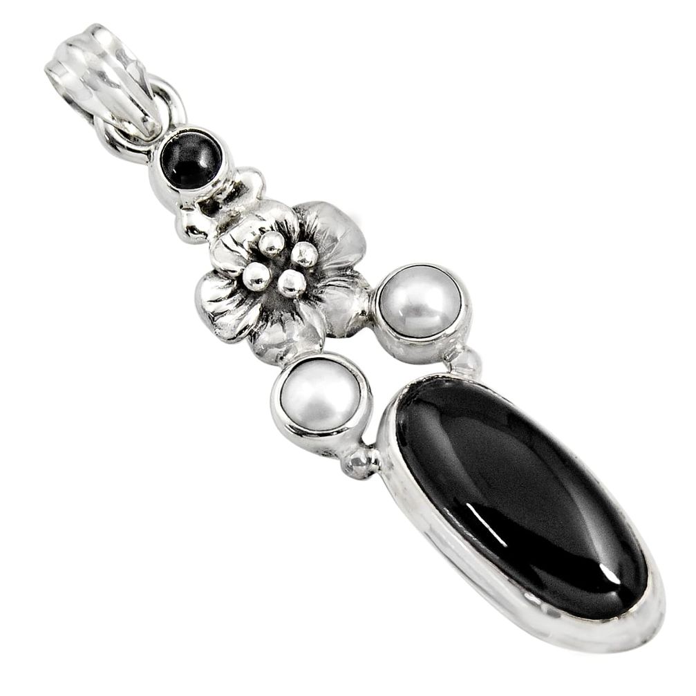 9.72cts natural black onyx pearl 925 sterling silver flower pendant r15189