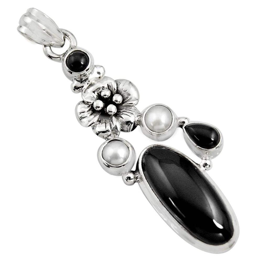 10.54cts natural black onyx pearl 925 sterling silver flower pendant r15194