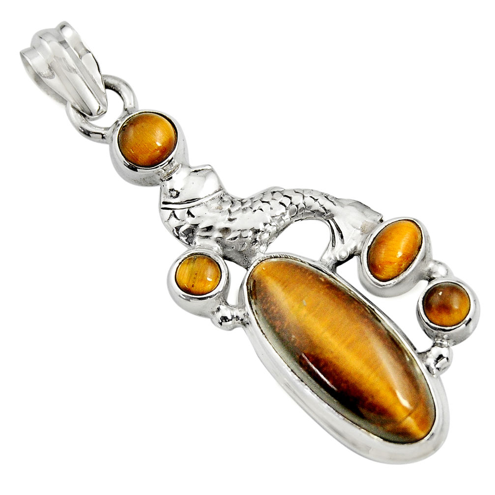 925 sterling silver 10.89cts natural brown tiger's eye fish pendant r15196