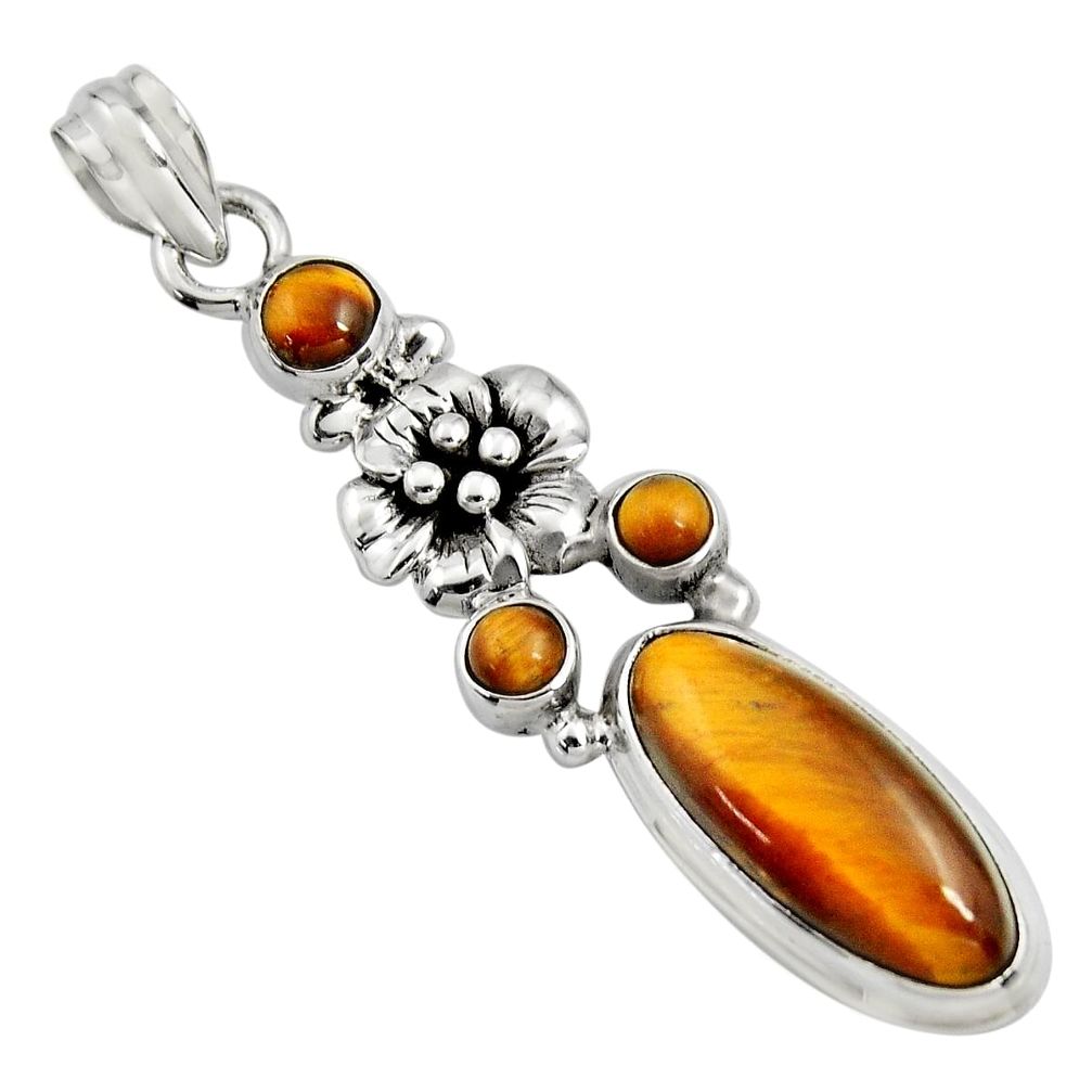 9.72cts natural brown tiger's eye 925 sterling silver flower pendant r15197