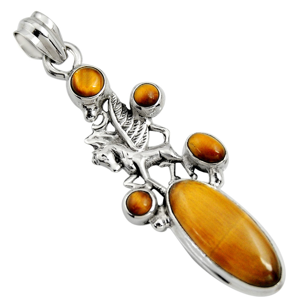 10.33cts natural brown tiger's eye 925 sterling silver unicorn pendant r15199