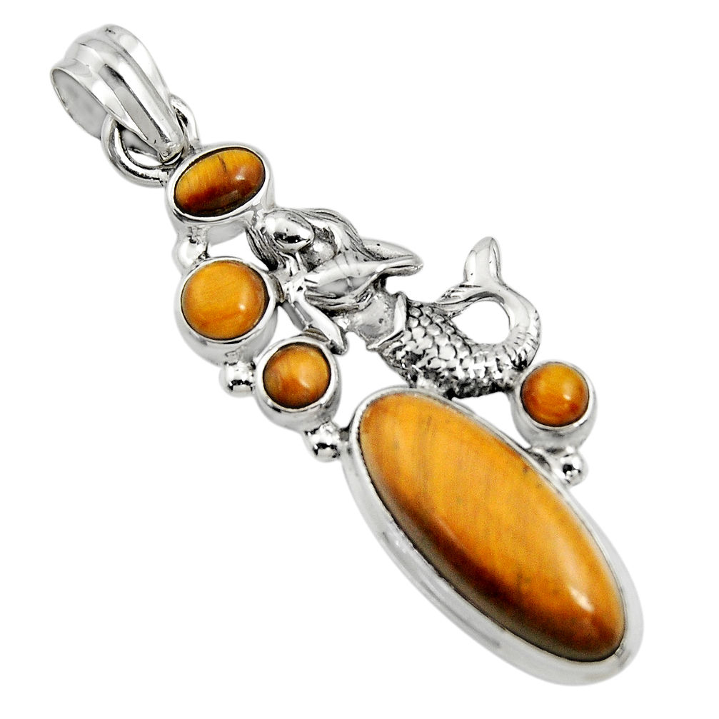12.04cts natural brown tiger's eye 925 silver fairy mermaid pendant r15204