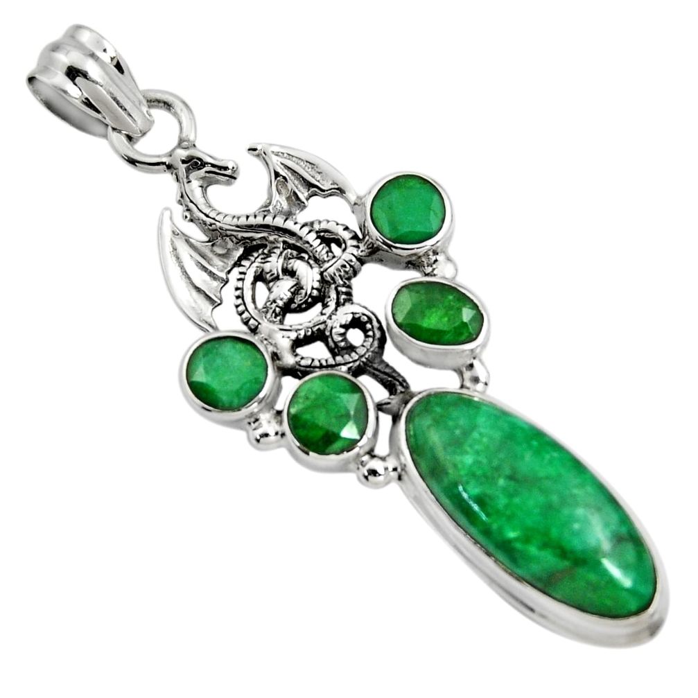 10.44cts natural green emerald 925 sterling silver dragon pendant jewelry r15206