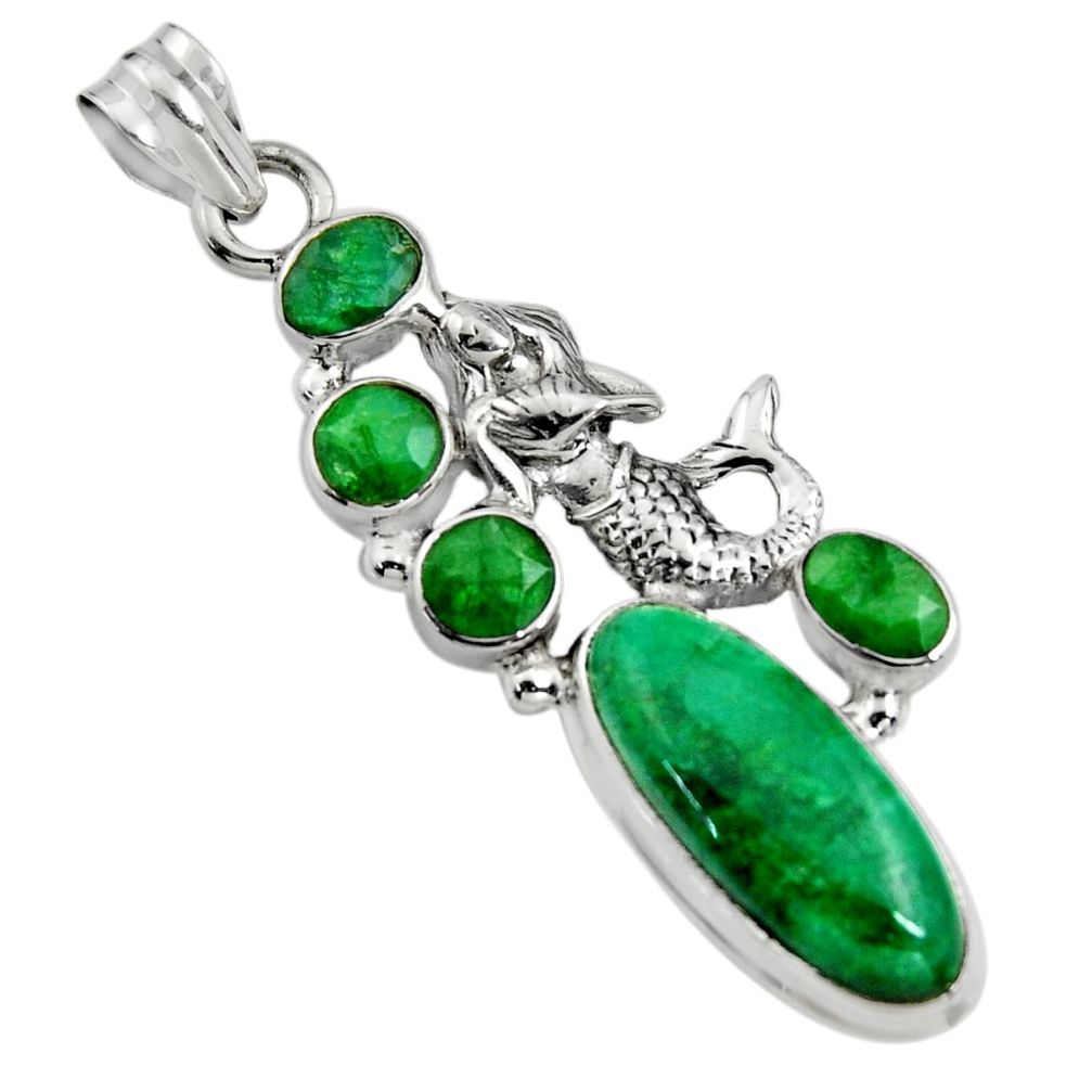 925 sterling silver 11.02cts natural green emerald fairy mermaid pendant r15207