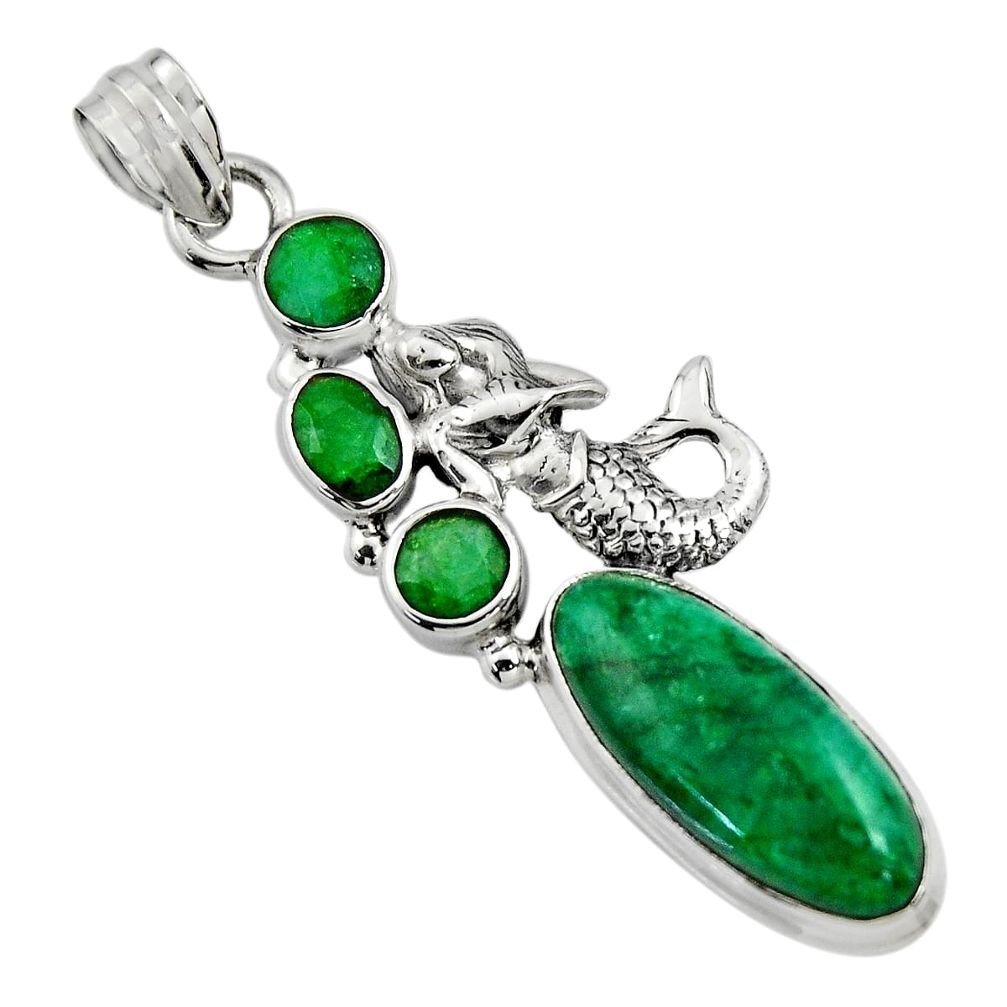 11.54cts natural green emerald 925 sterling silver fairy mermaid pendant r15214