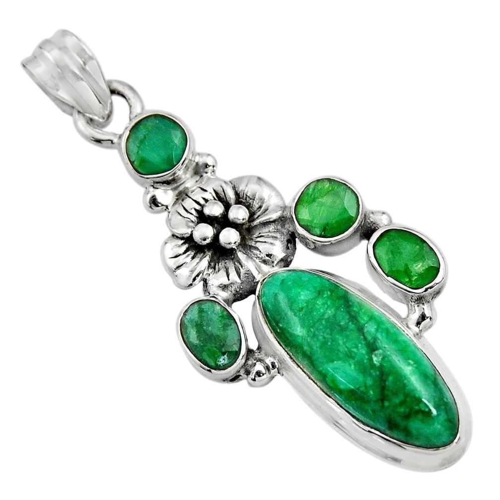 10.90cts natural green emerald 925 sterling silver flower pendant jewelry r15216