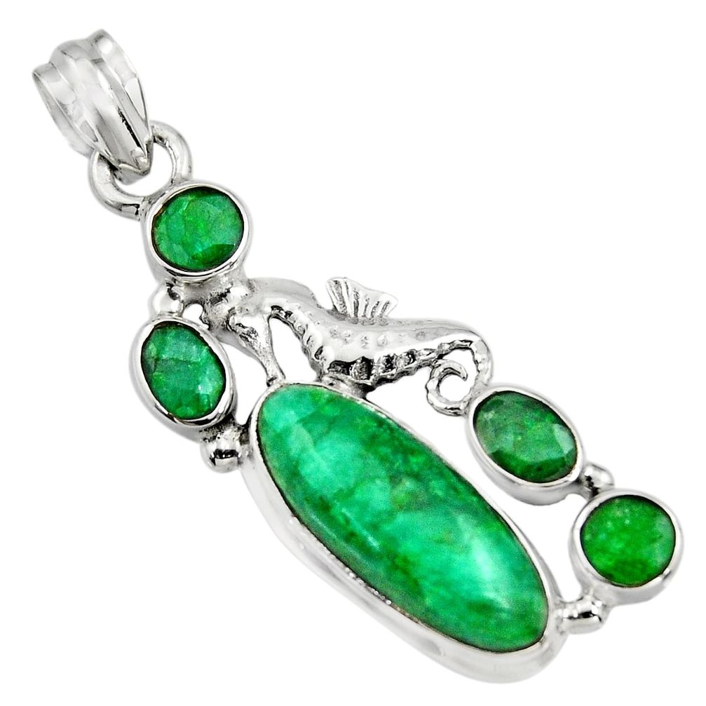 11.22cts natural green emerald 925 sterling silver seahorse pendant r15218