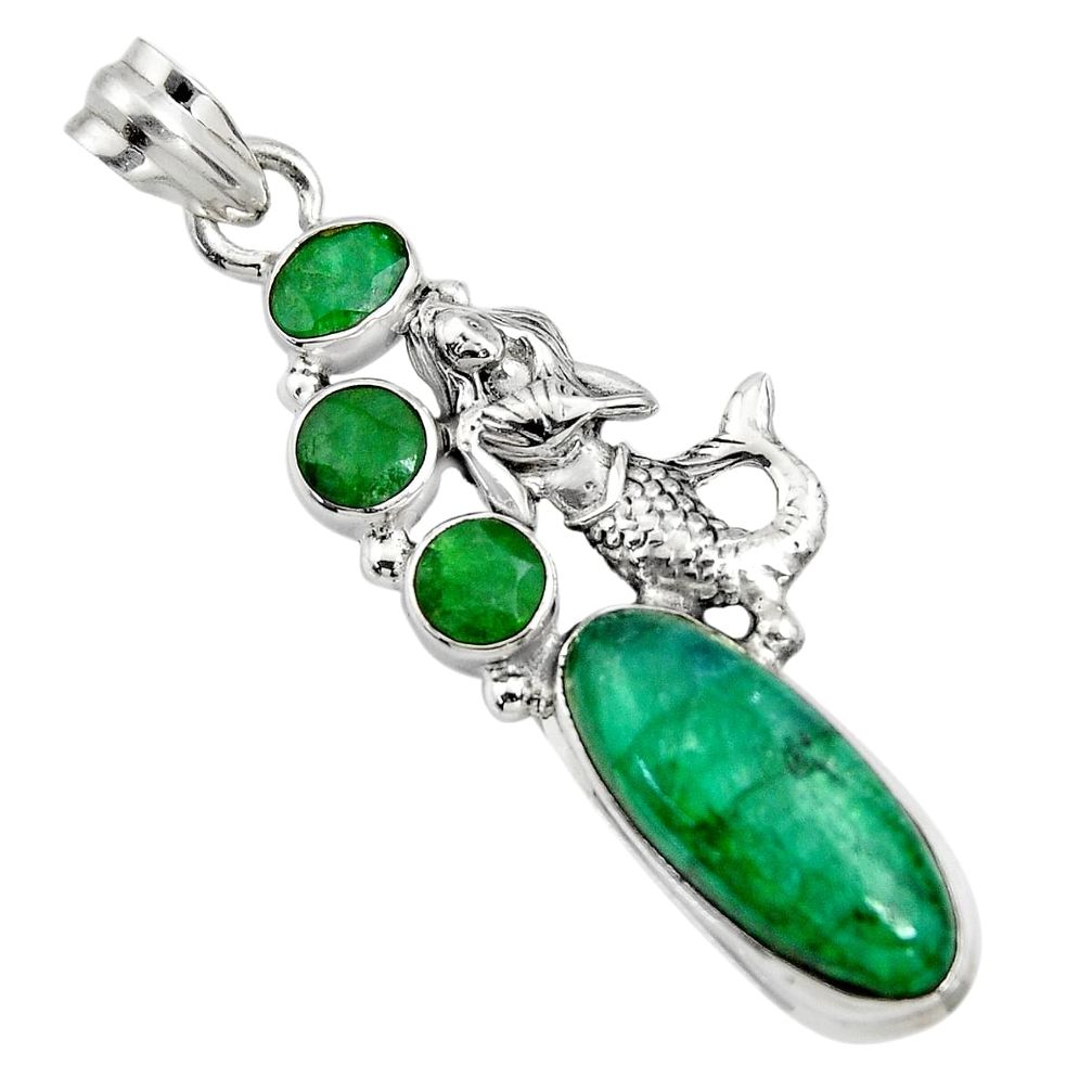 11.83cts natural green emerald 925 sterling silver fairy mermaid pendant r15219