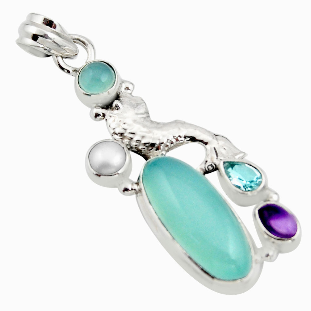 925 silver 11.54cts natural aqua chalcedony amethyst topaz fish pendant r15244