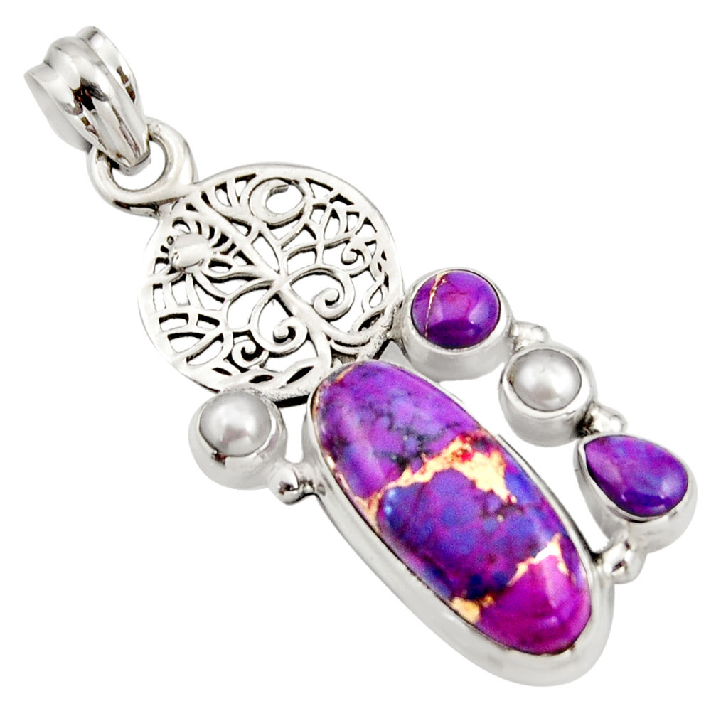 8.70cts purple copper turquoise pearl 925 silver tree of life pendant r15258