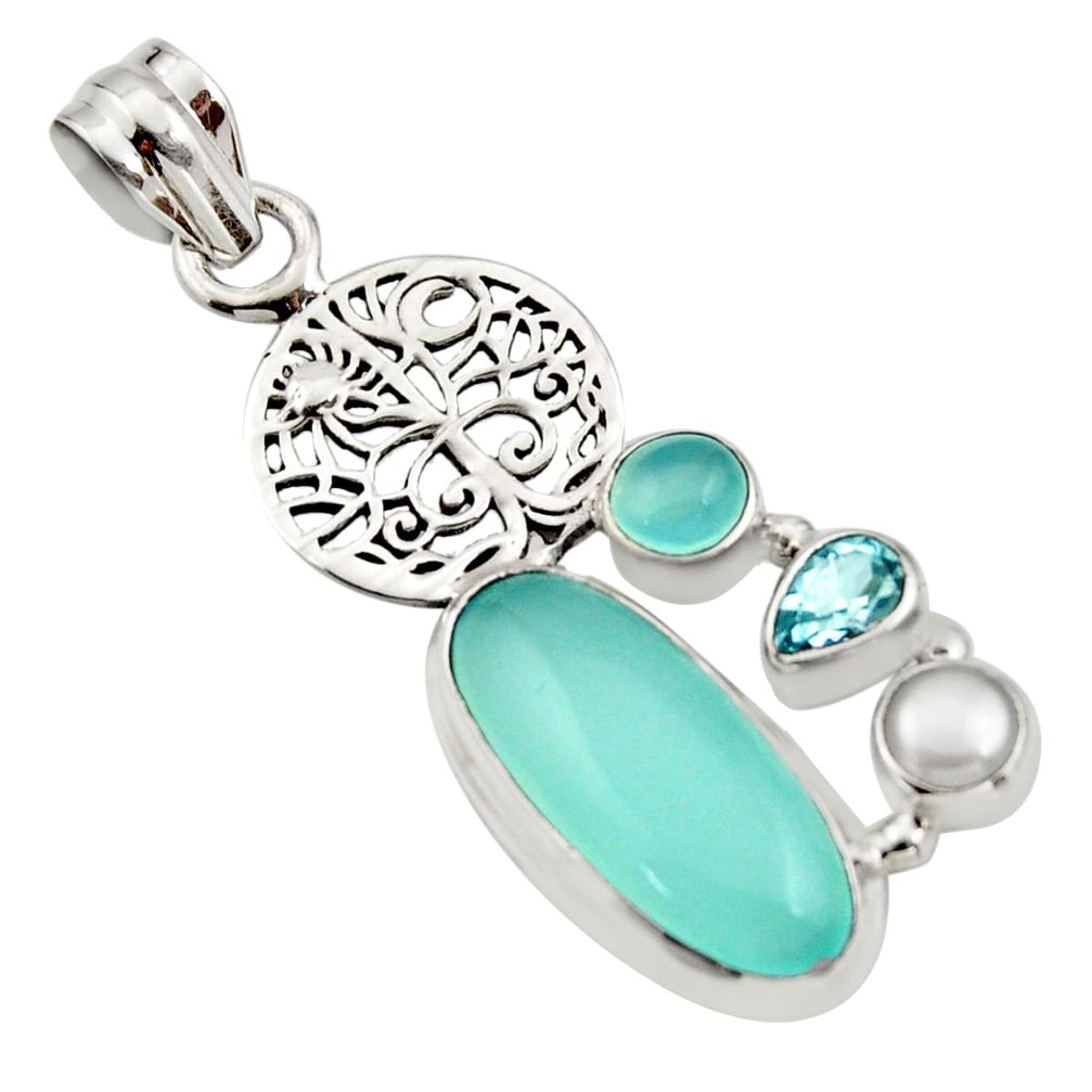 9.72cts natural aqua chalcedony topaz 925 silver tree of life pendant r15262