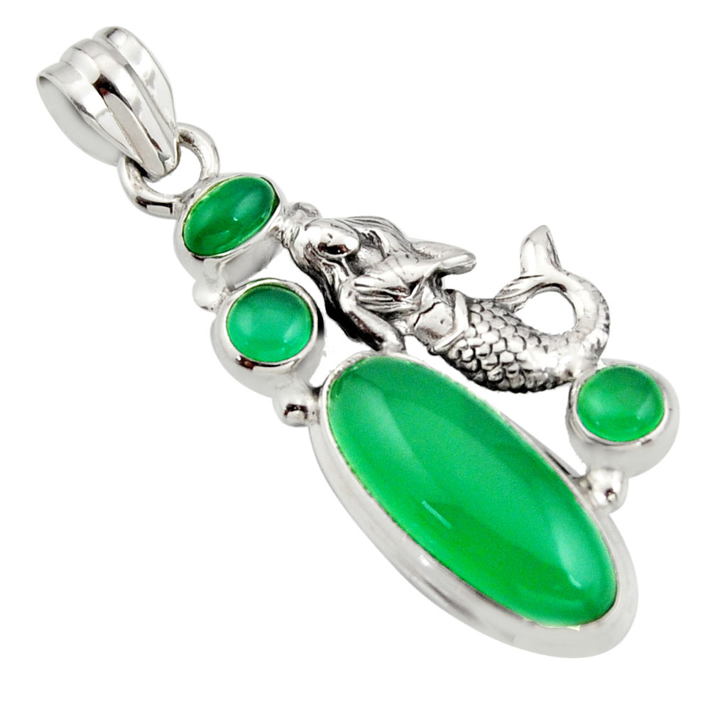 9.64cts natural green chalcedony 925 silver fairy mermaid pendant r15267