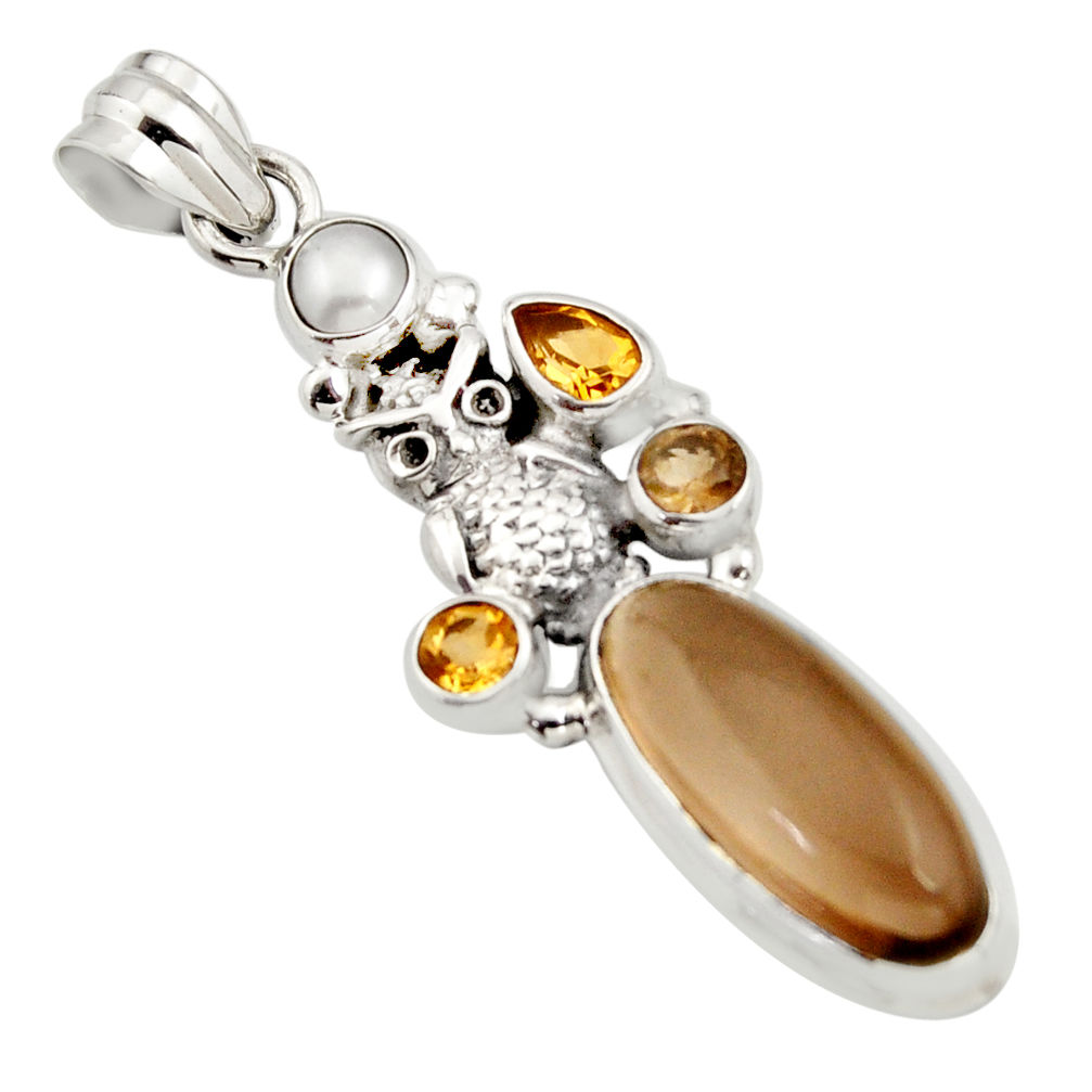 11.22cts brown smoky topaz citrine pearl 925 sterling silver owl pendant r15281