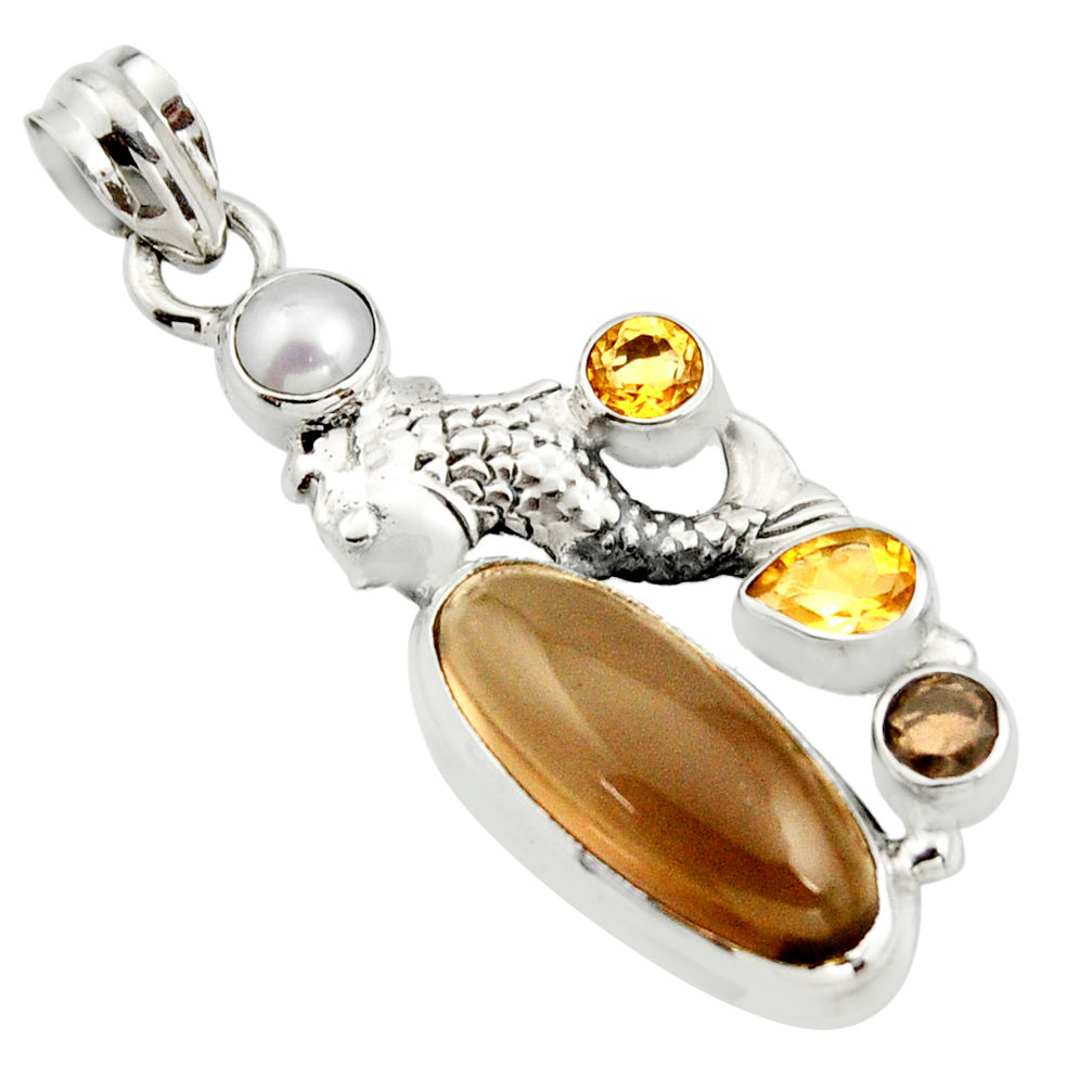 11.48cts brown smoky topaz citrine pearl 925 sterling silver fish pendant r15291