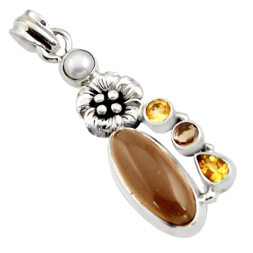 10.53cts brown smoky topaz citrine 925 sterling silver flower pendant r15292