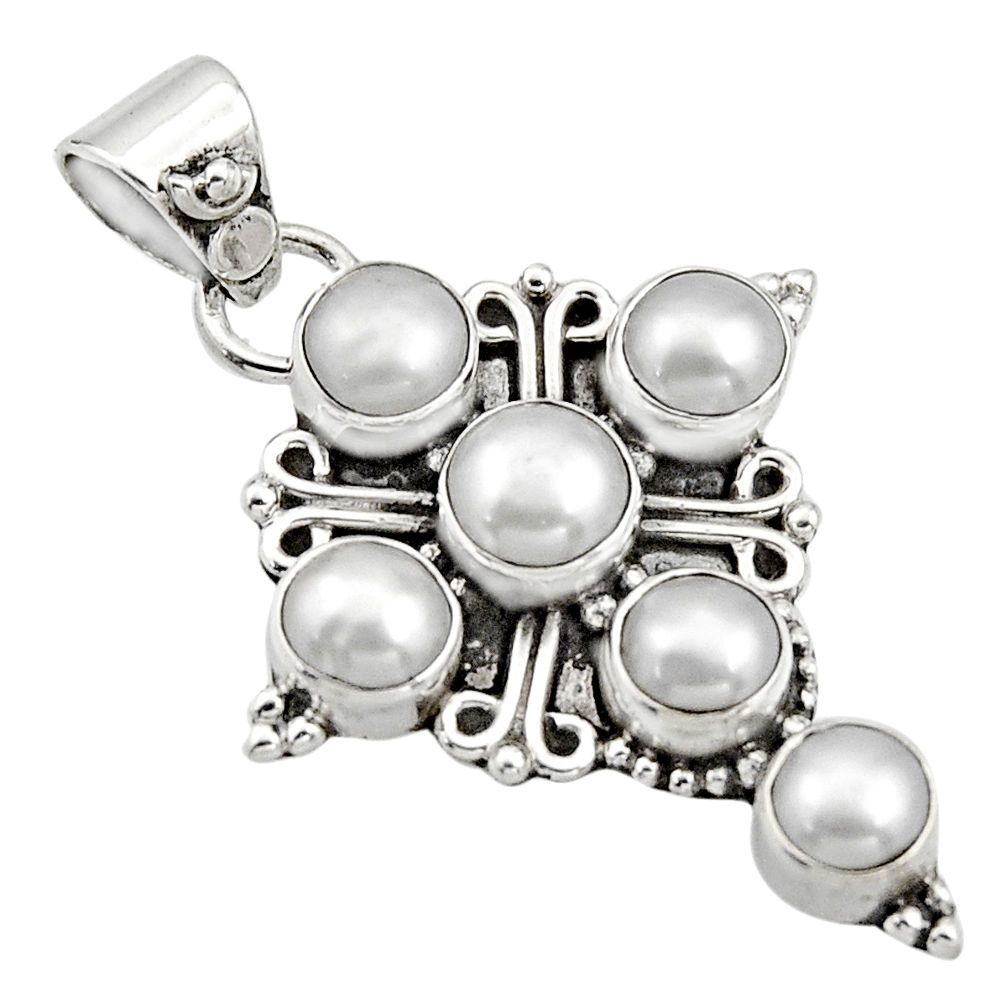 5.38cts natural white pearl round 925 sterling silver holy cross pendant r15361