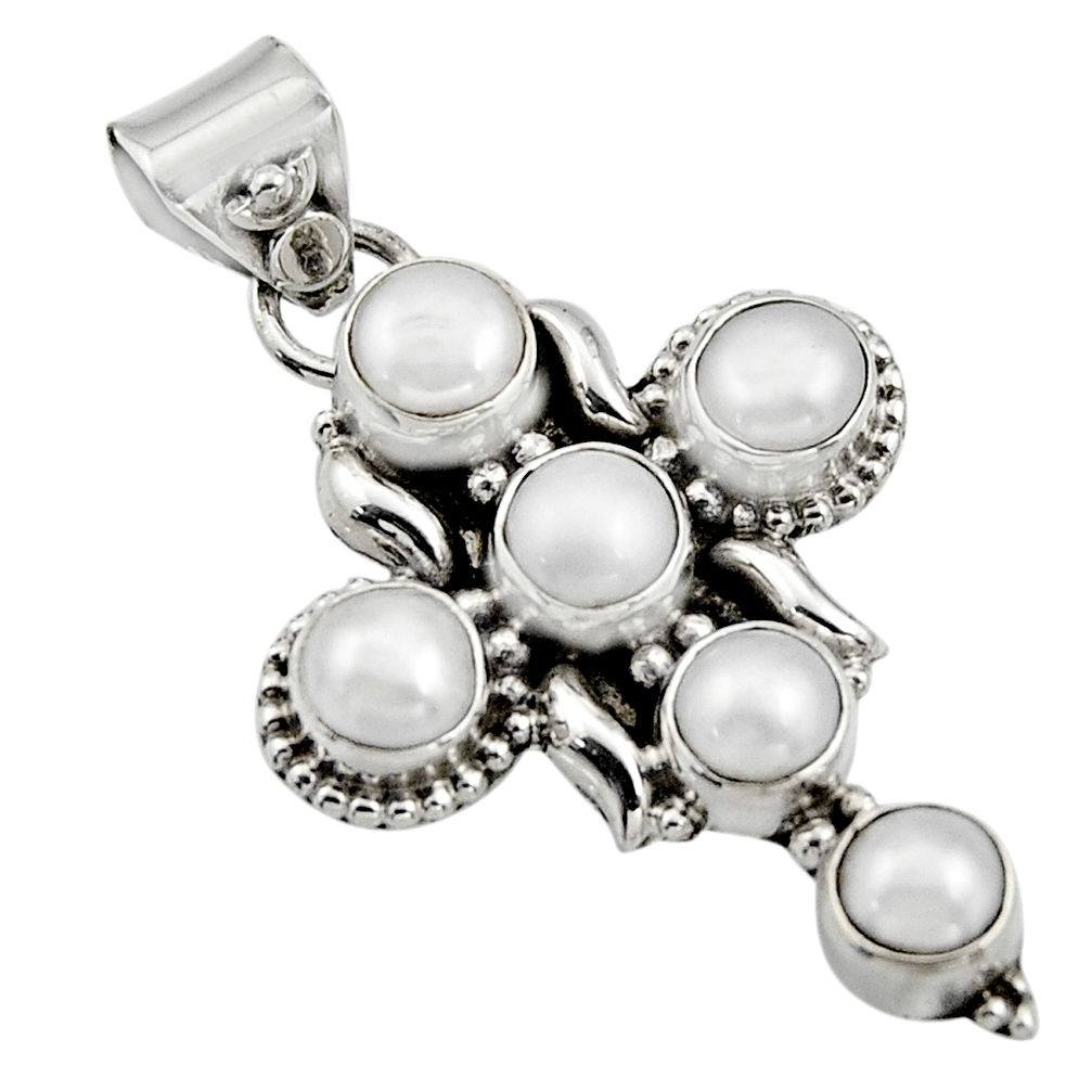 925 sterling silver 5.38cts natural white pearl round holy cross pendant r15369