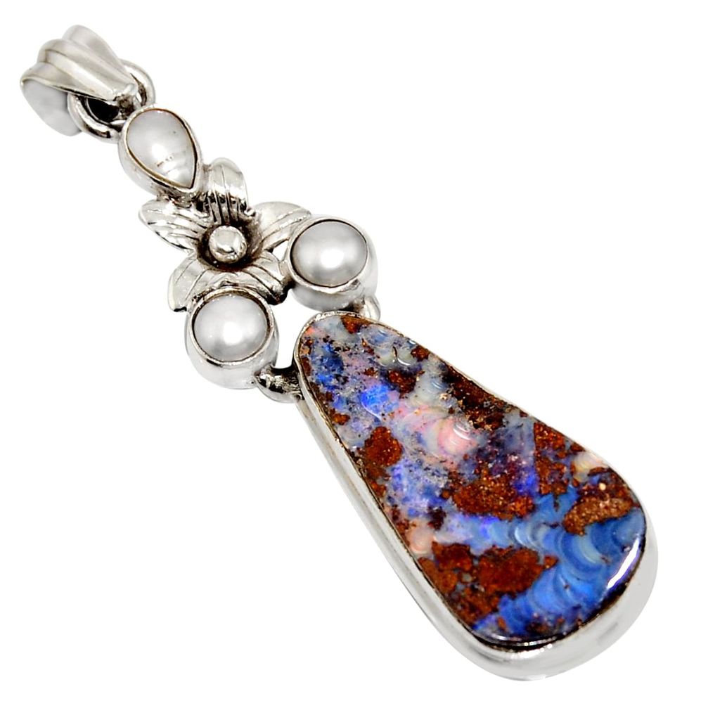 18.17cts natural brown boulder opal pearl 925 silver flower pendant r16222