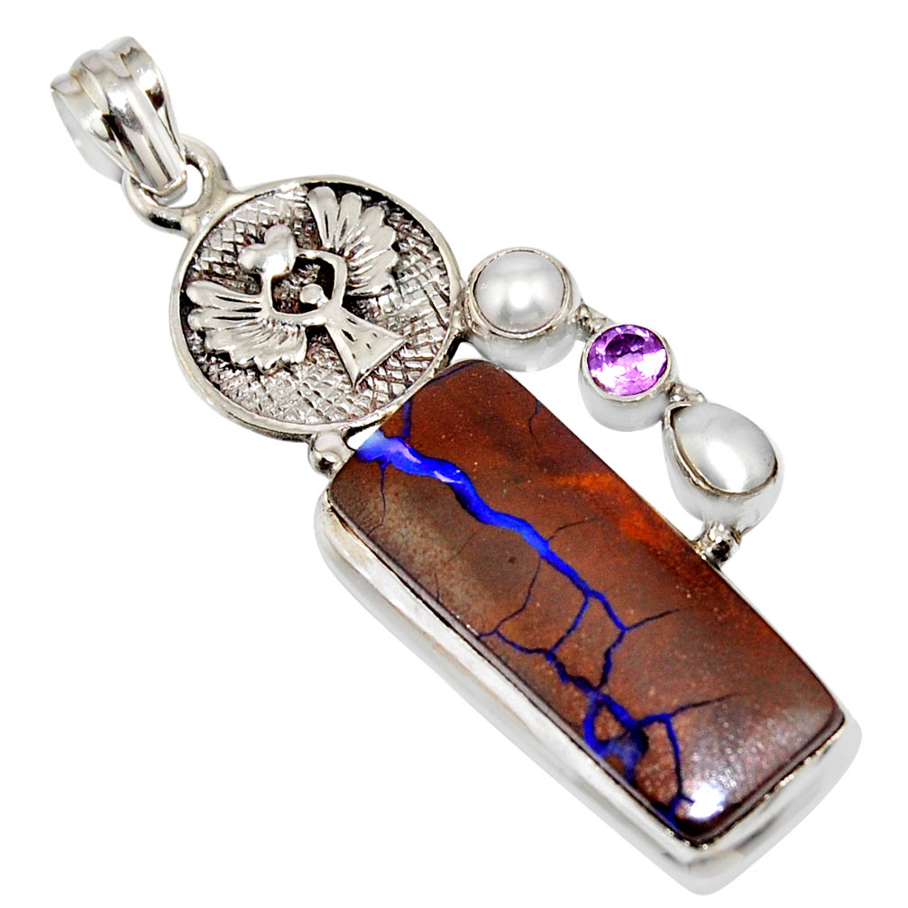 23.96cts natural brown boulder opal amethyst silver eagle charm pendant r16223