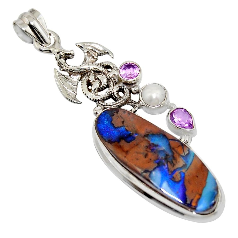 22.75cts natural brown boulder opal amethyst 925 silver dragon pendant r16226