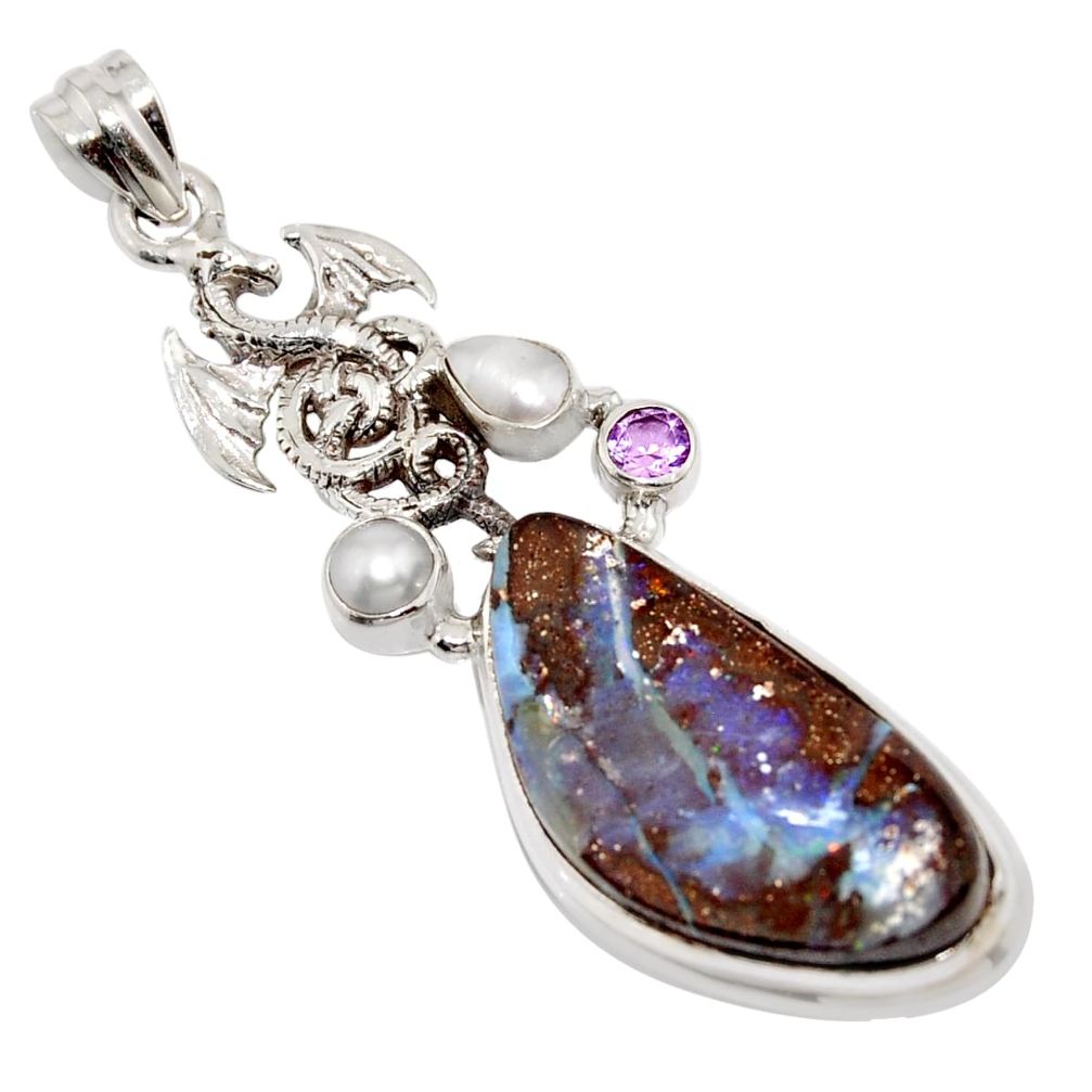 25.05cts natural brown boulder opal amethyst 925 silver dragon pendant r16230