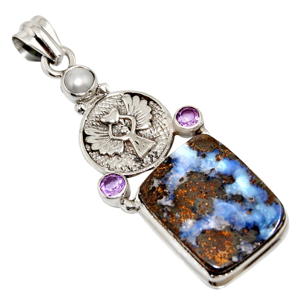 21.30cts natural brown boulder opal amethyst eagle charm silver pendant r16233