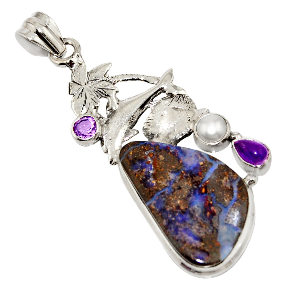 21.30cts natural brown boulder opal amethyst 925 silver dolphin pendant r16234