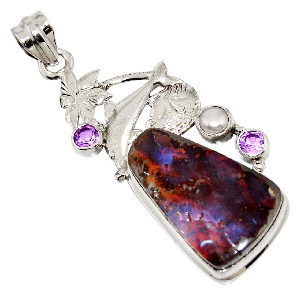 925 silver 25.05cts natural brown boulder opal amethyst dolphin pendant r16237
