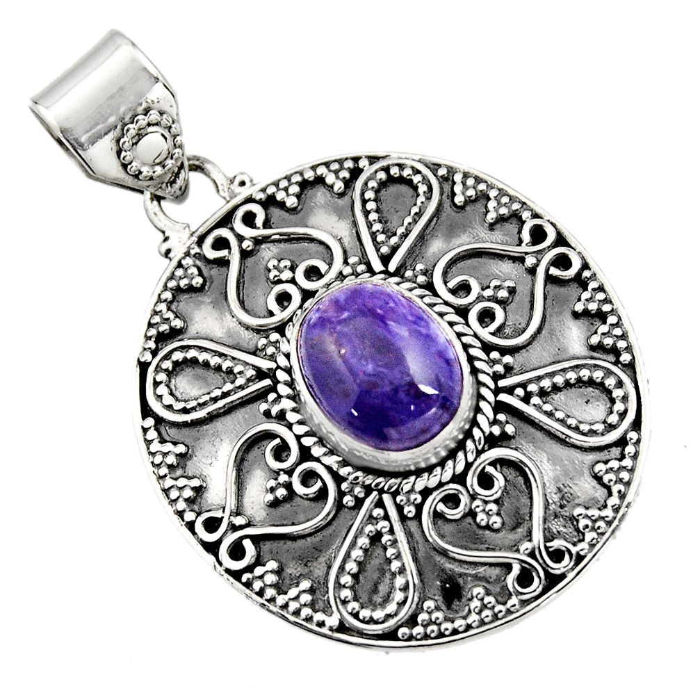 925 sterling silver 4.07cts natural purple charoite (siberian) pendant r16258