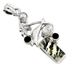 Clearance Sale- 11.66cts natural brown dendritic quartz onyx 925 silver dolphin pendant r16443