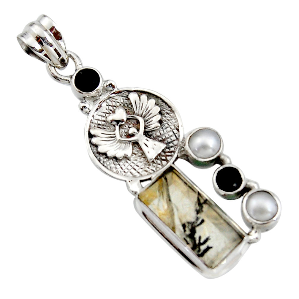 12.62cts natural brown dendritic quartz onyx 925 sterling silver pendant r16446