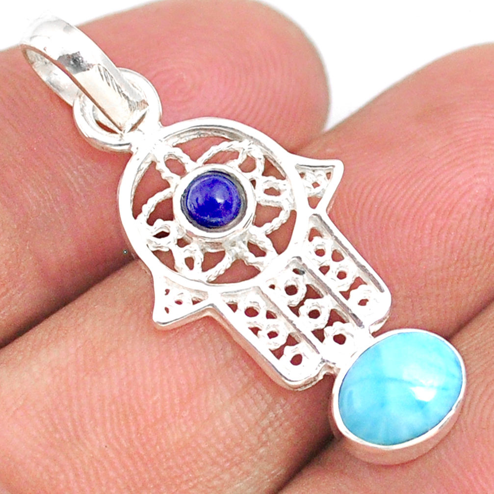 2.50cts natural blue larimar 925 silver hand of god hamsa pendant jewlery r67945