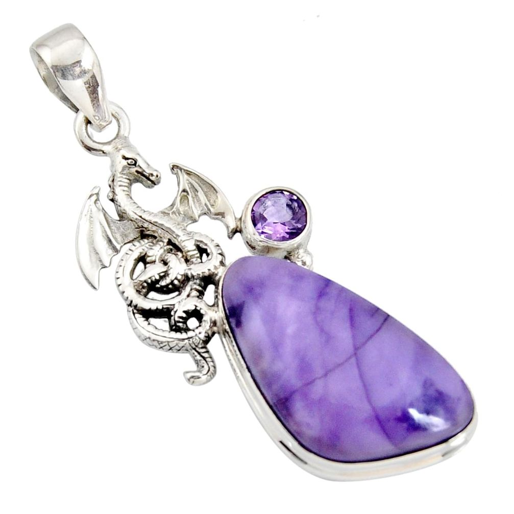 17.18cts natural purple tiffany stone amethyst 925 silver dragon pendant r7902