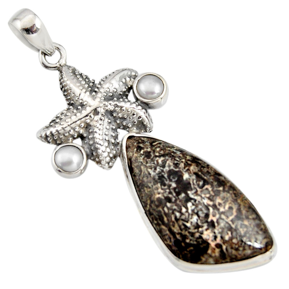 24.05cts natural brown dinosaur bone fossilized silver star fish pendant r7955