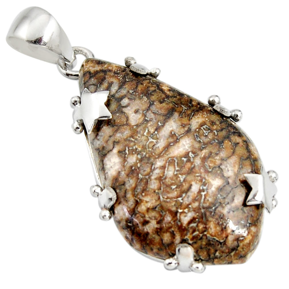 925 silver 25.28cts natural brown dinosaur bone fossilized fancy pendant r7956