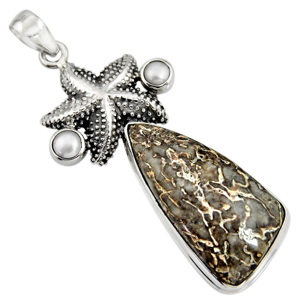 27.25cts natural brown dinosaur bone fossilized silver star fish pendant r7962